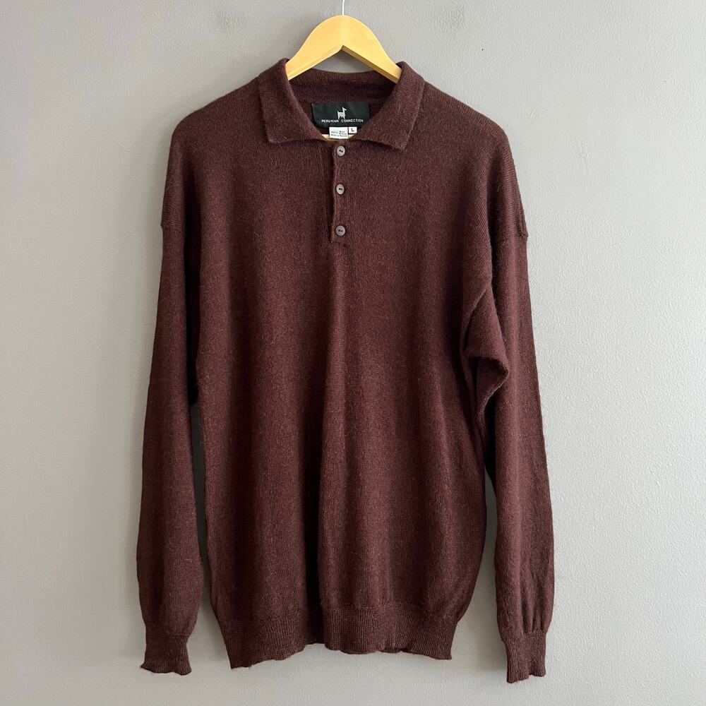 Vintage Peruvian Connection Men’s Large 100% Baby Alpaca Polo Sweater Brown